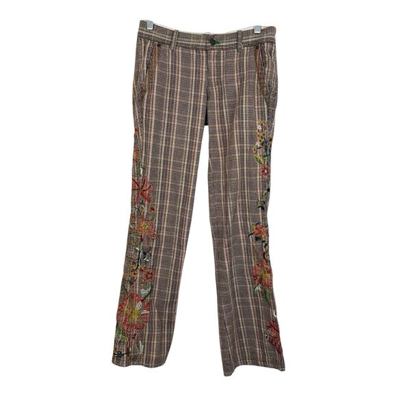 Two Ten Ten Five BIYA Johnny Was Plaid Embroidered Pants Sz 4 Low Rise Brown - Picture 1 of 11